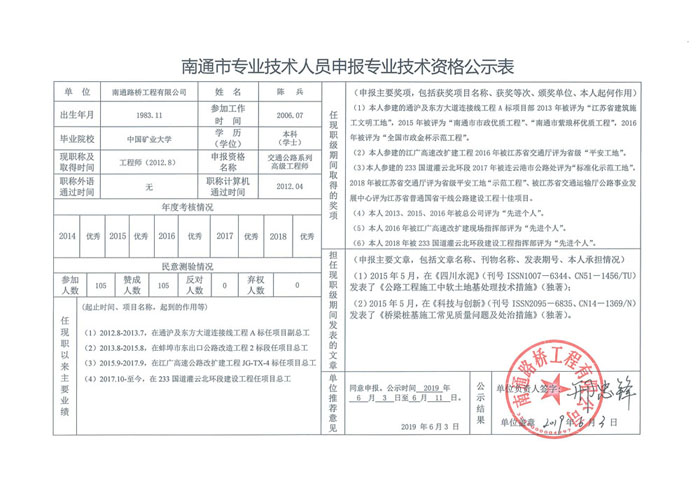 关于陈兵同志申报高级专业技术资格公示表
